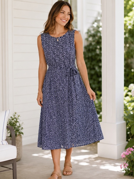 Chaps Dresses & Skirts - Chaps Navy Floral Sleeveless Tie Waist Midi Dress 1X